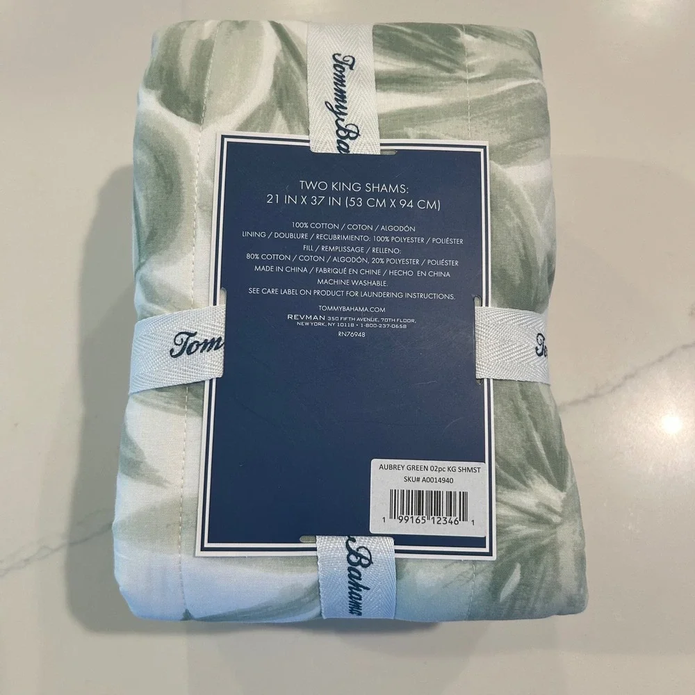 NWT Tommy Bahama King Quilted Sham Aubrey Green Tropical Leaf 100% Cotton 2 pair
